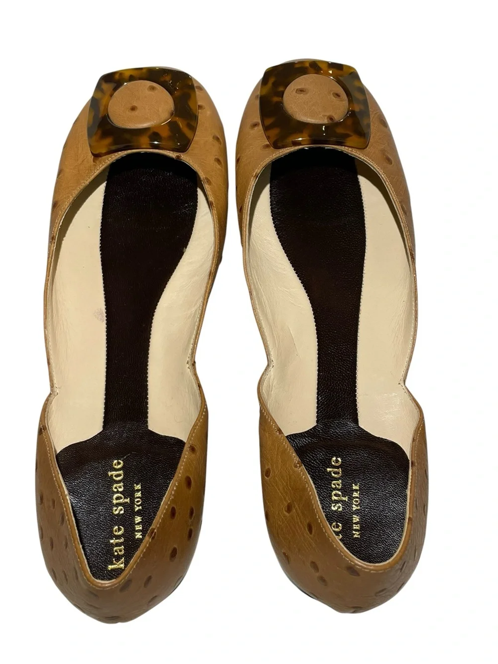 Vintage kate spade D'Orsay Fawn Leather Ostrich Flats Tortoiseshell Buckle 9.5